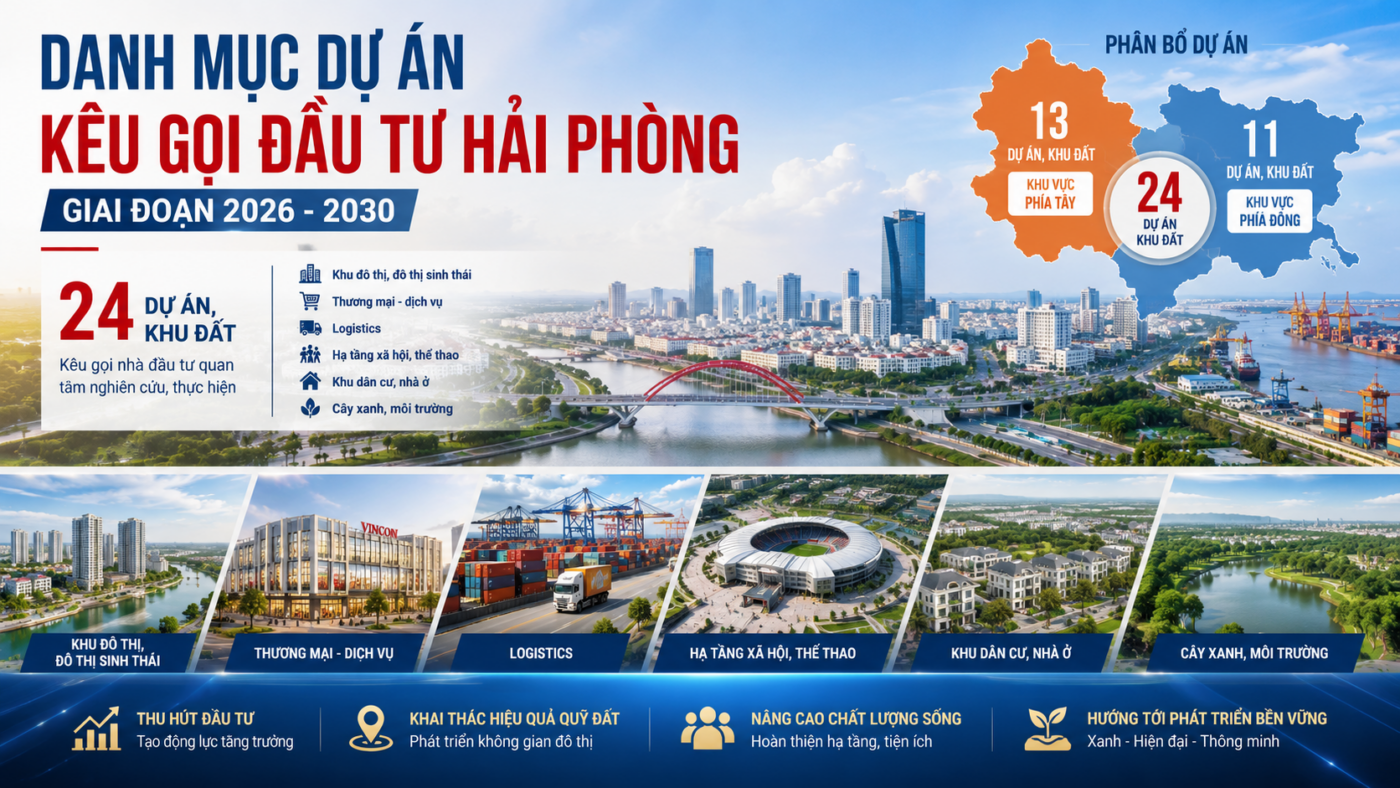 Theo thông tin từ Sở Tài chính Hải Phòng, thành phố đã tiếp nhận đề xuất từ 1 sở và 11 UBND xã, phường với tổng cộng 24 khu đất, dự án được đưa vào danh mục dự án kêu gọi đầu tư Hải Phòng giai đoạn 2026 - 2030.