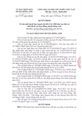 Quyết định 3338/QĐ-UBND về quy hoạch chi tiết thôn Đoài, Nam Hồng, Đông Anh, tỷ lệ 1/500